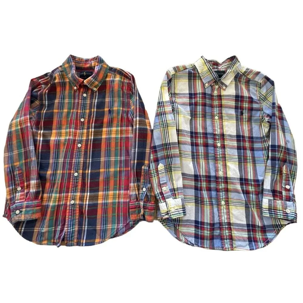 Ralph Lauren Shirts Boys Size 5 Lot‎ Of 2 Plaid Button Down Yellow Blue Orange